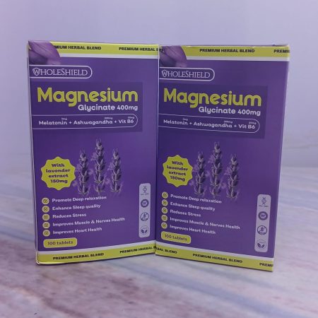 WHOLESHIELD MAGNESIUM GLYCINATE 400MG PLUS MELATONIN 3MG, ASHWAGANDHA 300MG, VITAMIN B6 50MG X 100 TABLETS